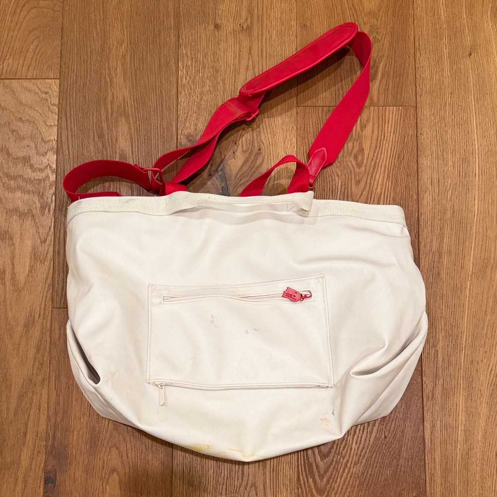 SOLD Beis red and white text me when you land tote - big stain on the front